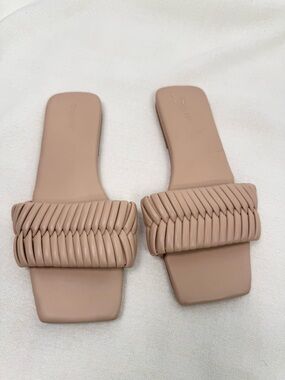 Open Edit Womens Ruched Slide Sandals Beige Square Toe Flat Size 7 M